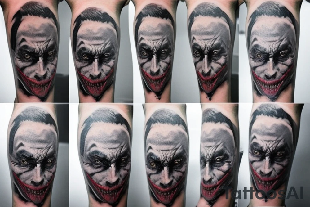 a hyper realistic tattoo of the Joker on men chest. Anarchy sign in stone at the bottom and a guitar tattoo idea