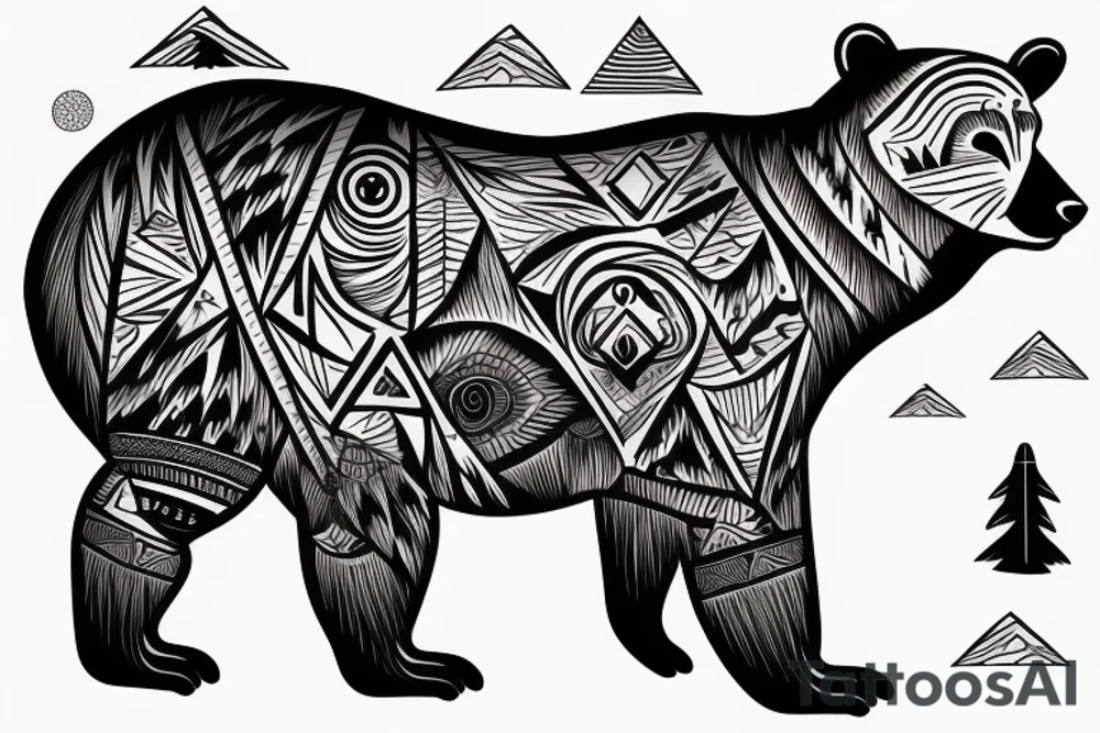 Native American bear with mountains and sky tattoo idea