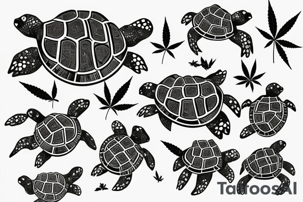 Baby turtle with marijuana as shell pattern tattoo idea