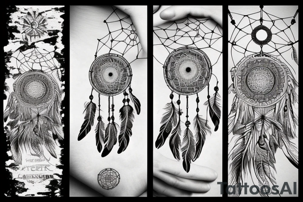Dream catcher, bear paw, mountains and sky tattoo idea