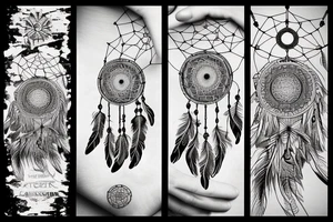 Dream catcher, bear paw, mountains and sky tattoo idea