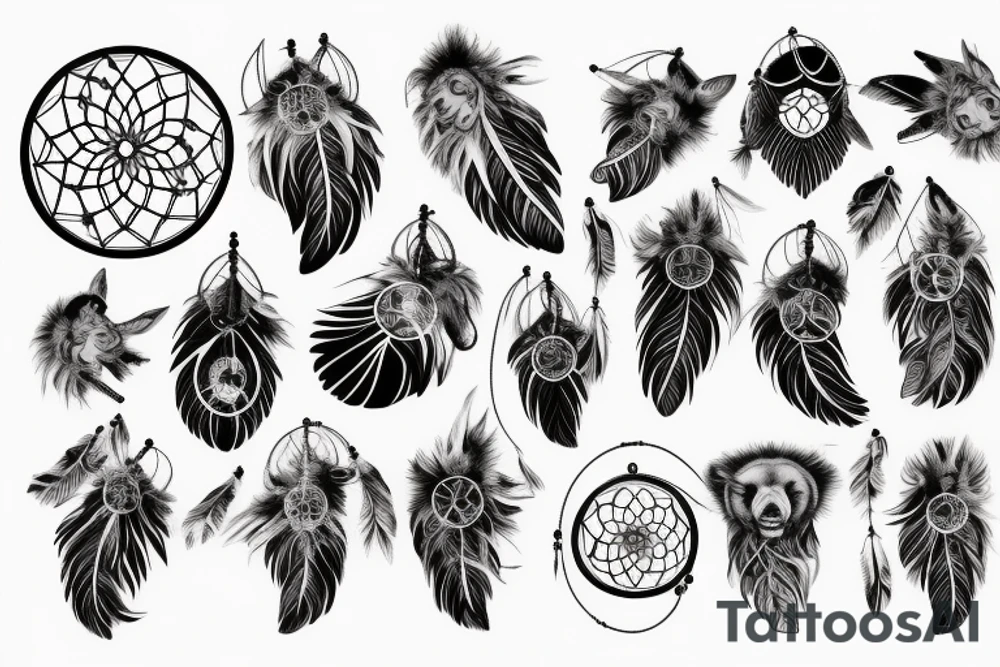 Dream catcher, bear paw, mountains and sky tattoo idea