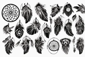 Dream catcher, bear paw, mountains and sky tattoo idea