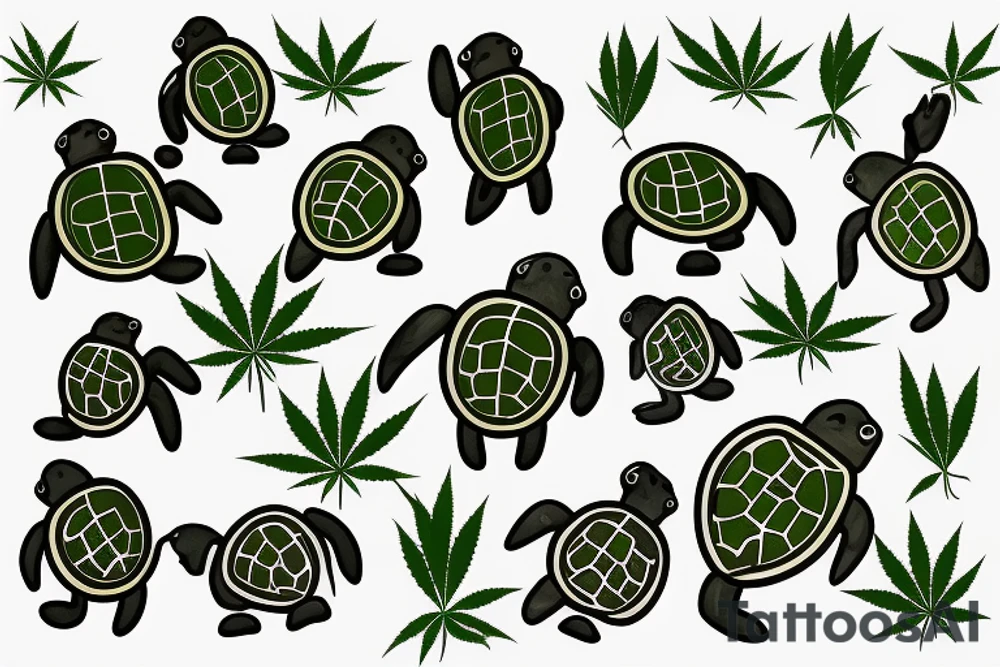 Baby turtle with marijuana as shell pattern tattoo idea