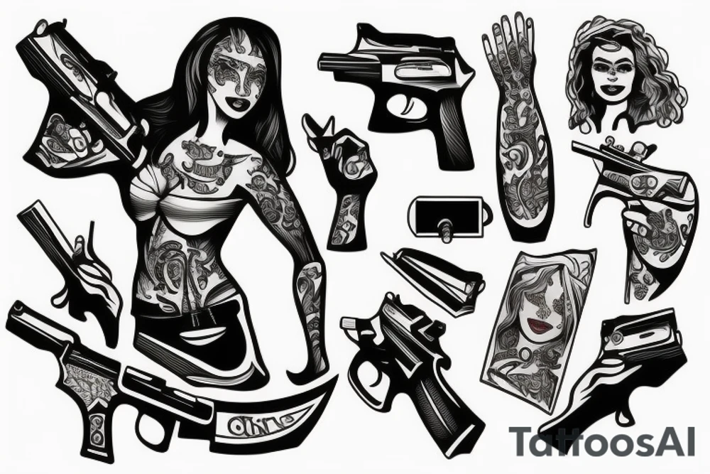 Woman with pistol in a hand tattoo idea