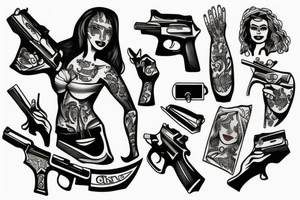 Woman with pistol in a hand tattoo idea