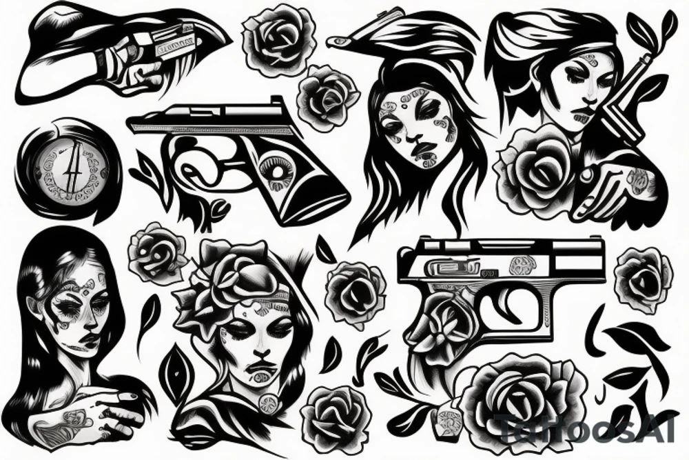 Woman with pistol in a hand tattoo idea