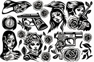 Woman with pistol in a hand tattoo idea