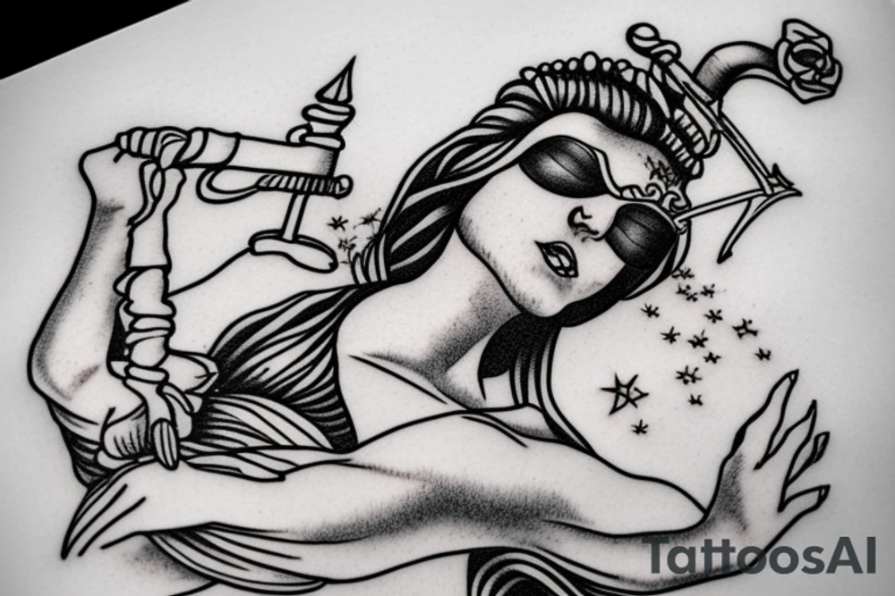 blindfolded lady justice with sunshine tattoo idea