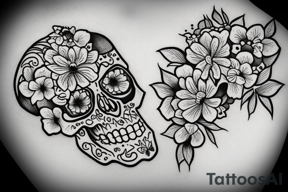 Skull surrounded by flowers and butterflies tattoo idea