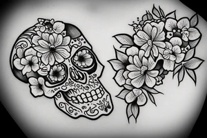 Skull surrounded by flowers and butterflies tattoo idea