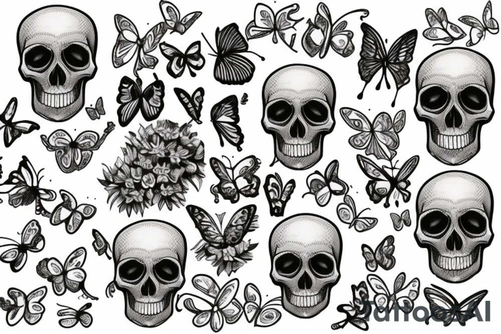 Skull surrounded by flowers and butterflies tattoo idea