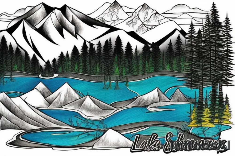 lake with forest in the background. Sunlight hitting the water. Behind the mountains is a map tattoo idea