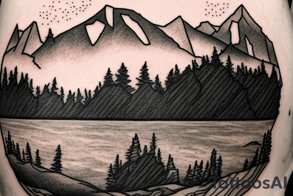 lake with forest in the background. Sunlight hitting the water. Behind the mountains is a map tattoo idea
