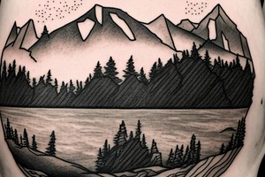 lake with forest in the background. Sunlight hitting the water. Behind the mountains is a map tattoo idea
