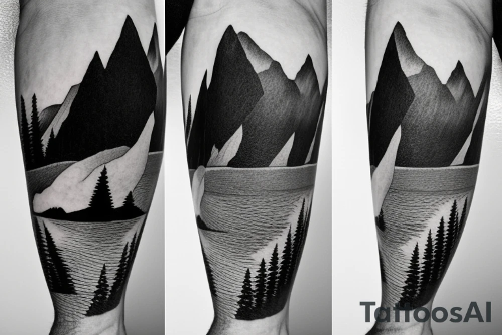 lake with forest in the background. Sunlight hitting the water. Behind the mountains is a map tattoo idea