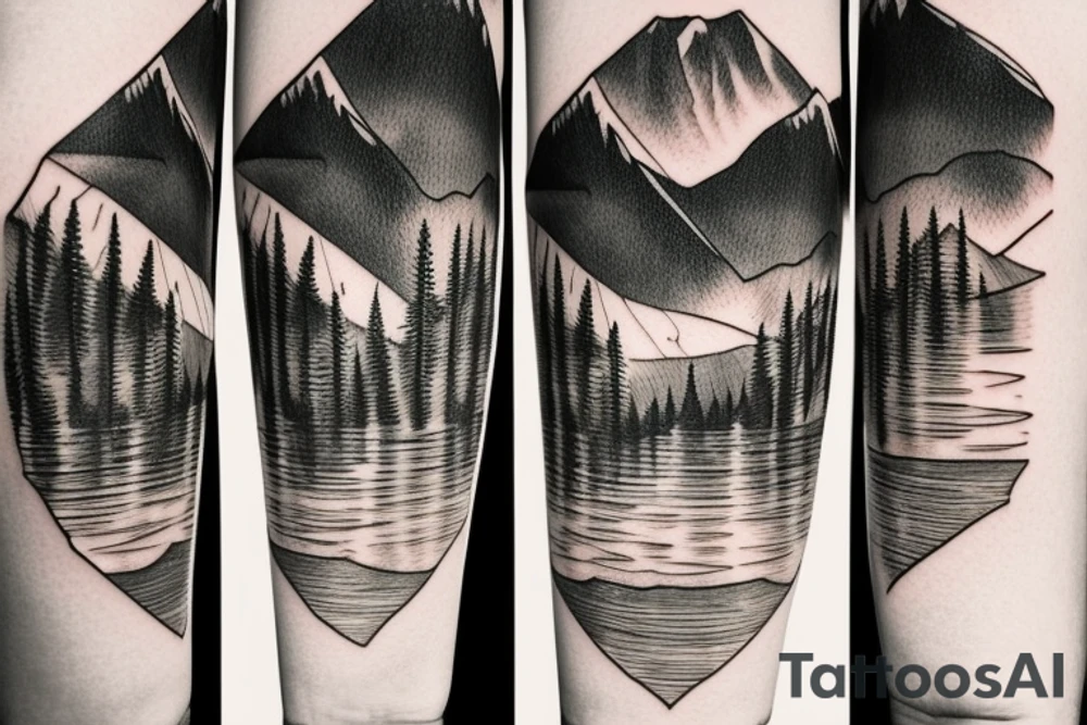 lake with forest in the background. Sunlight hitting the water. Behind the mountains is a map tattoo idea