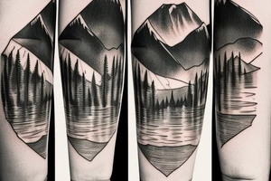 lake with forest in the background. Sunlight hitting the water. Behind the mountains is a map tattoo idea