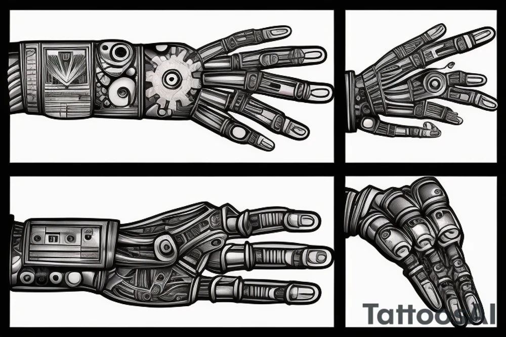Robots hand with small details tattoo idea