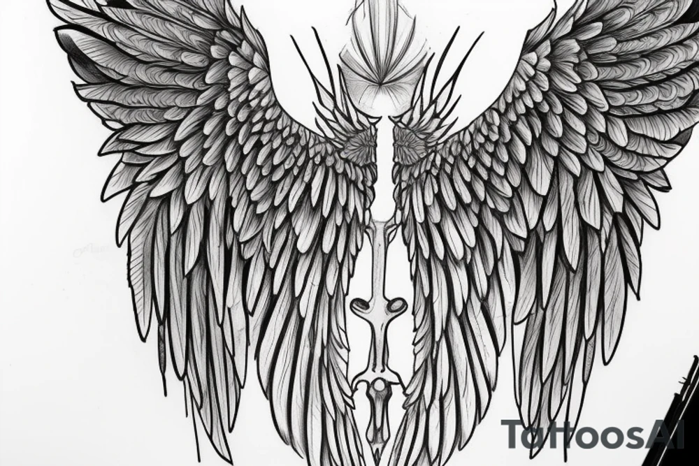 half angel wing and half skeleton wing with feather flying tattoo idea