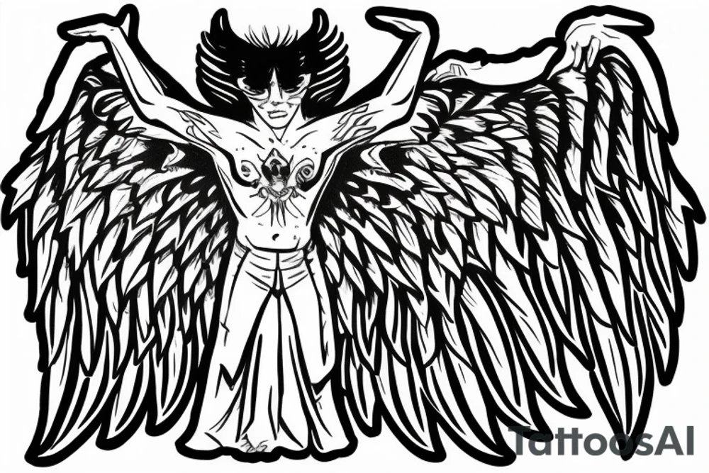 demon with angel wings and a pentagramm symbol in the hands tattoo idea