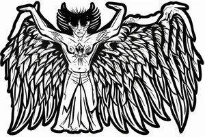 demon with angel wings and a pentagramm symbol in the hands tattoo idea