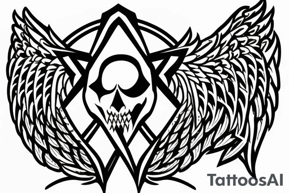demon with angel wings and a pentagramm symbol in the hands tattoo idea