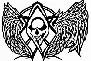 demon with angel wings and a pentagramm symbol in the hands tattoo idea