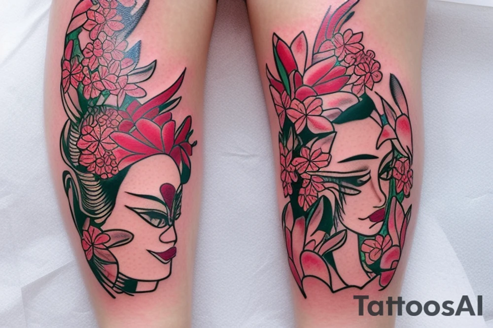 leg sleeve that contains an geisha and a kenya mask and flowers lilly tattoo idea