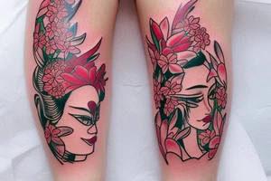 leg sleeve that contains an geisha and a kenya mask and flowers lilly tattoo idea