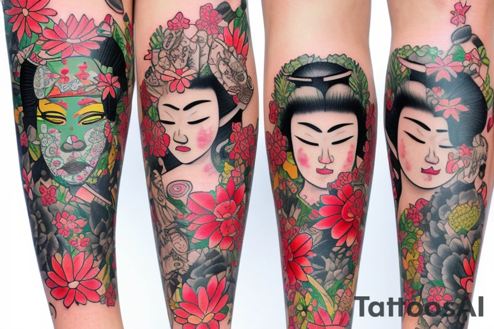 leg sleeve that contains an geisha and a kenya mask and flowers lilly tattoo idea