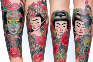 leg sleeve that contains an geisha and a kenya mask and flowers lilly tattoo idea