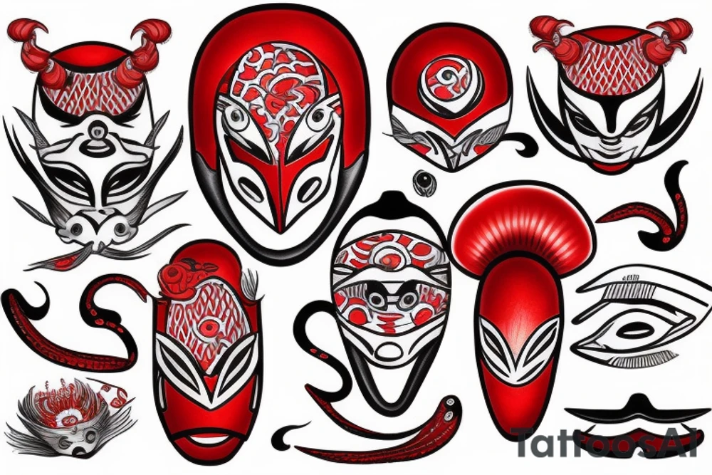 kabuto mask with red lilly and waves tattoo idea