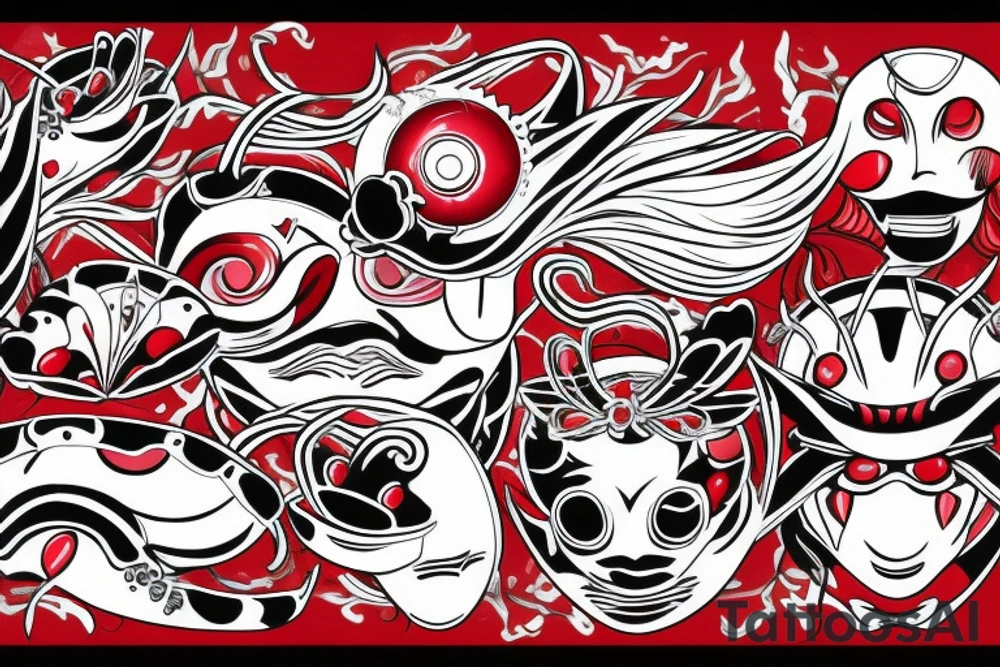kabuto mask with red lilly and waves tattoo idea