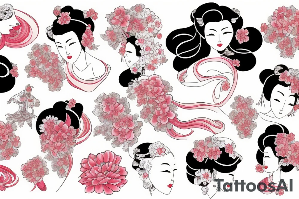 geisha style with waves and flowers tattoo idea