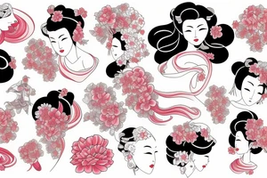 geisha style with waves and flowers tattoo idea