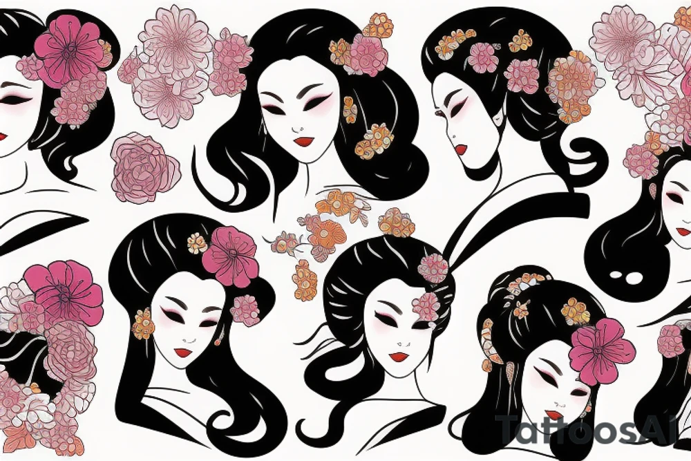 geisha style with waves and flowers tattoo idea