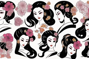 geisha style with waves and flowers tattoo idea