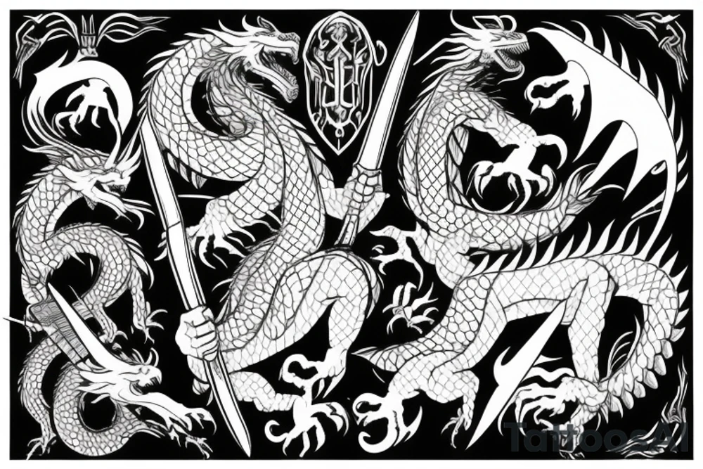 A dragon with a sword in his hand tattoo idea