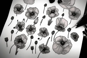 Creeping red poppies and white rosehip flowers tattoo idea