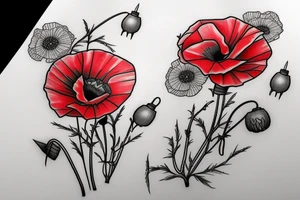 Creeping red poppies and white rosehip flowers tattoo idea
