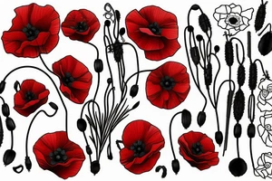 Creeping red poppies and white rosehip flowers tattoo idea