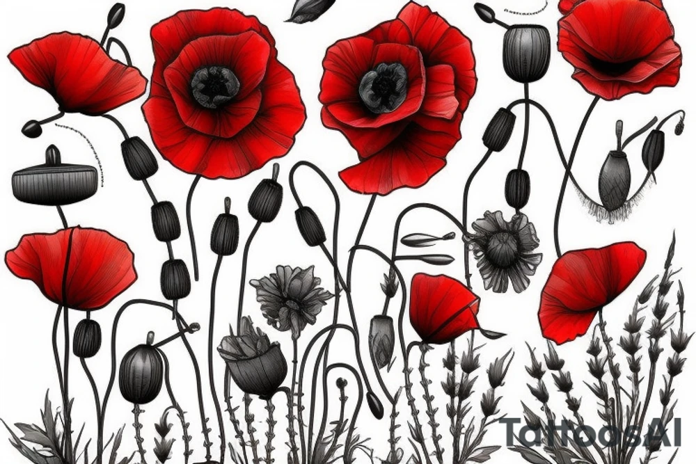 Creeping red poppies and white rosehip flowers tattoo idea
