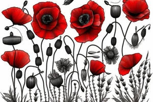 Creeping red poppies and white rosehip flowers tattoo idea