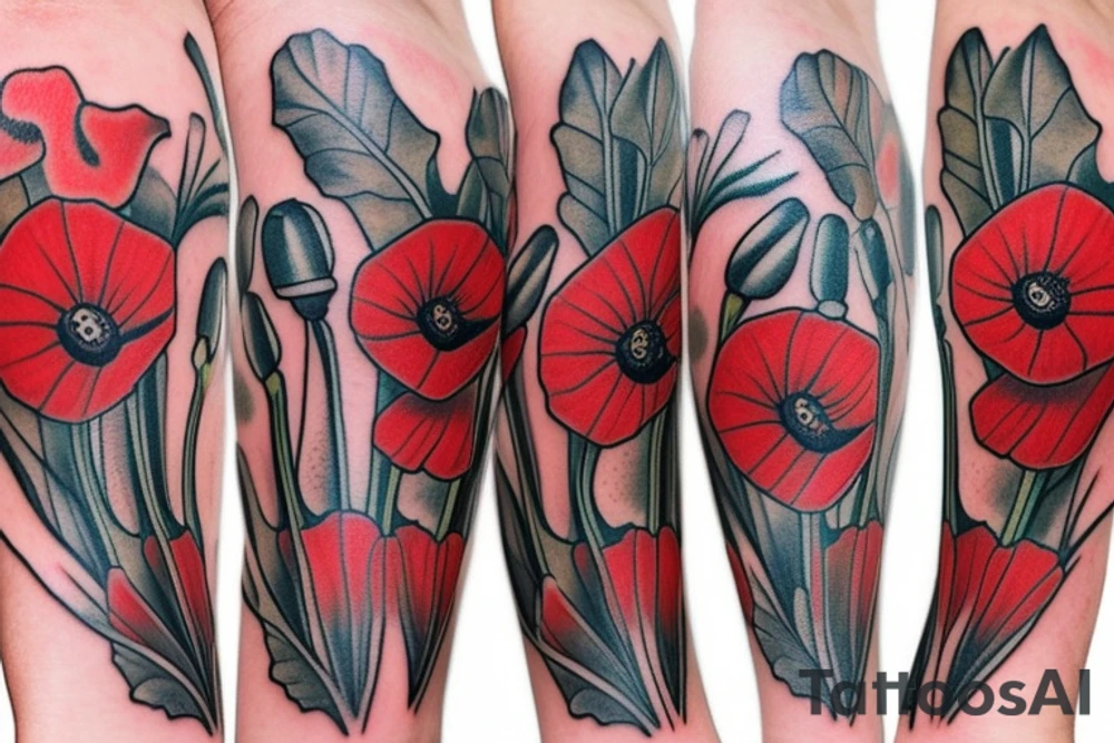 Creeping red poppies and white rosehip flowers tattoo idea
