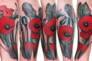 Creeping red poppies and white rosehip flowers tattoo idea