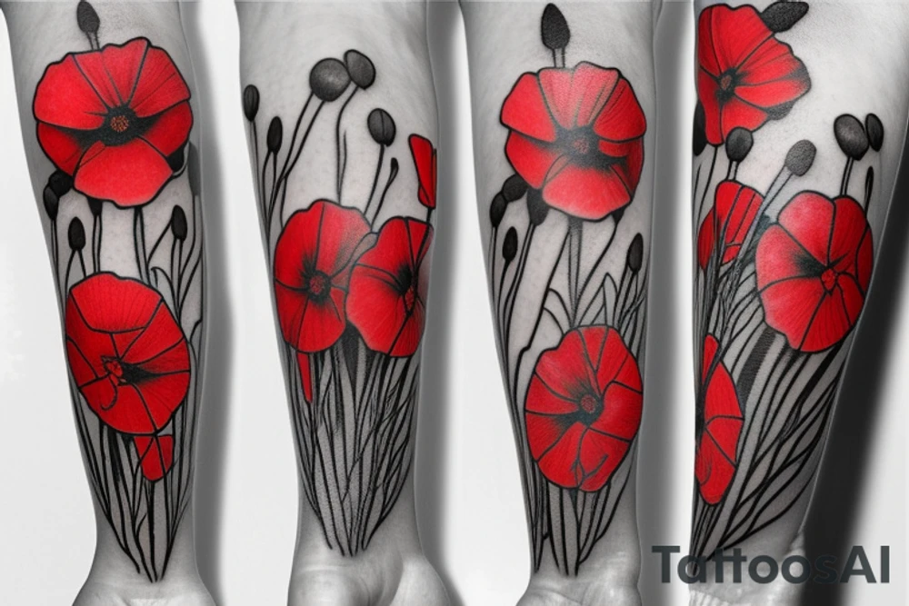 Creeping red poppies and white rosehip flowers tattoo idea