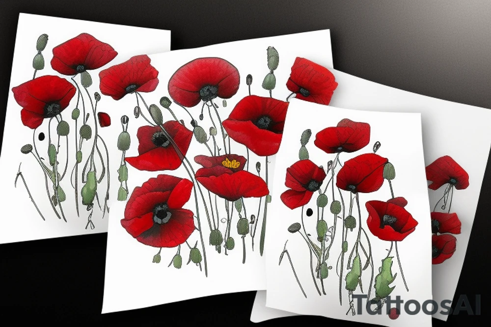 Creeping red poppies and white rosehip flowers tattoo idea