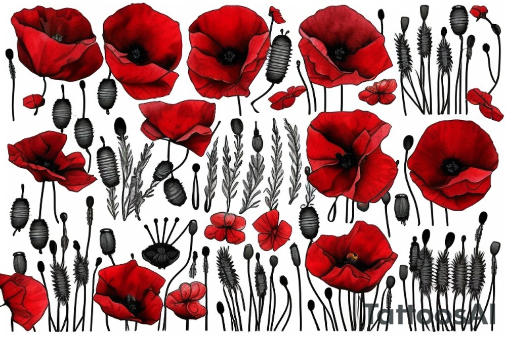 Creeping red poppies and white rosehip flowers tattoo idea