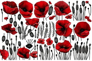 Creeping red poppies and white rosehip flowers tattoo idea